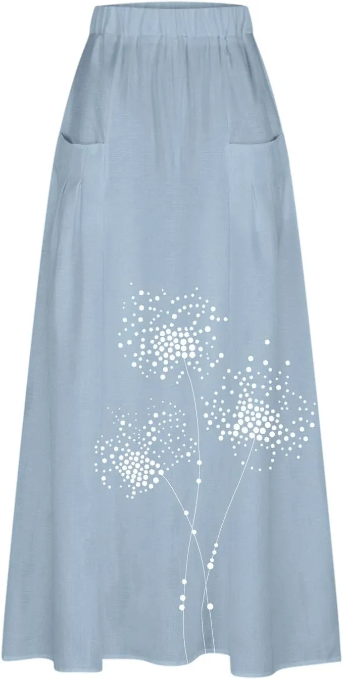 Beach Skirts for Women Fashion Floral Graphic Printed Stretchy Waisted Pleated Skirt Oversized Boho Vacation Skirt