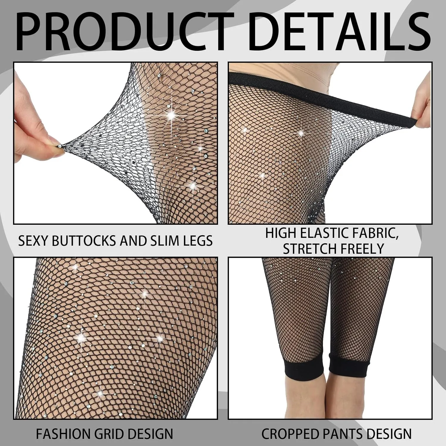 Bencailor 4 Pcs Rhinestone Leggings Fish Net Tights High Waist Leggings Mesh Thigh High Stockings Pantyhose