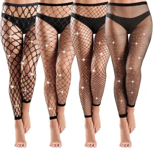 Bencailor 4 Pcs Rhinestone Leggings Fish Net Tights High Waist Leggings Mesh Thigh High Stockings Pantyhose