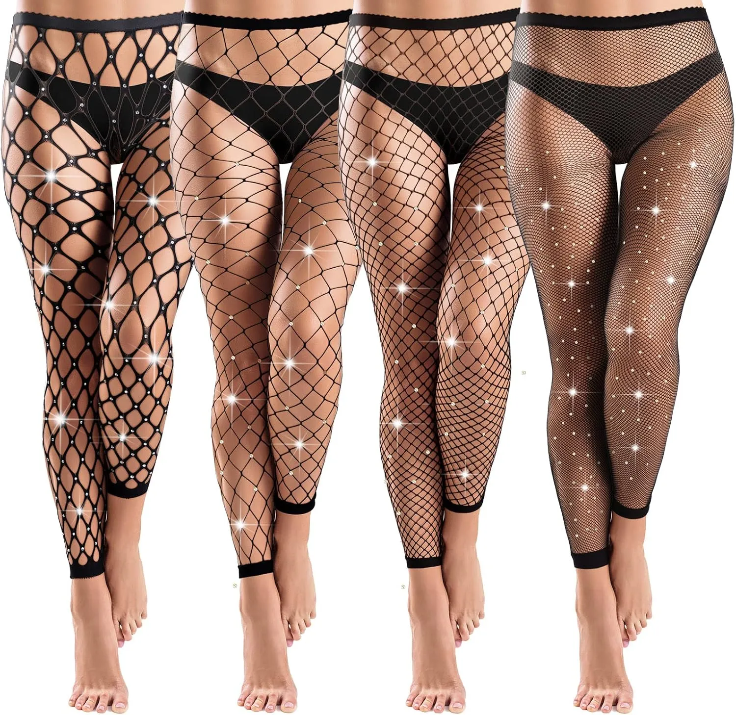 Bencailor 4 Pcs Rhinestone Leggings Fish Net Tights High Waist Leggings Mesh Thigh High Stockings Pantyhose