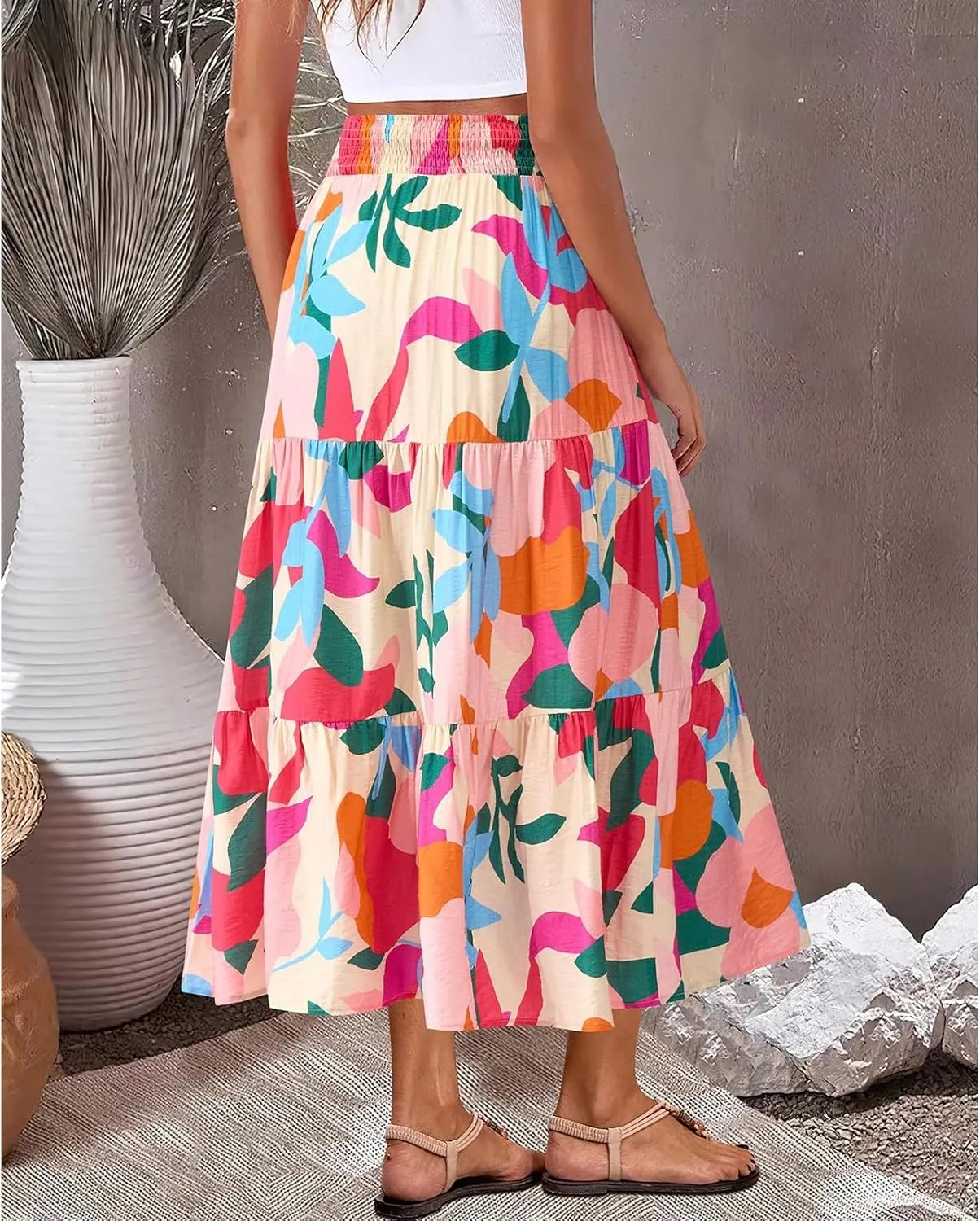 Boho Long Skirts for Women Trendy High Waisted Floral Maxi Skirt Casual Summer Flowy Tiered A Line Skirt Beach Outfit