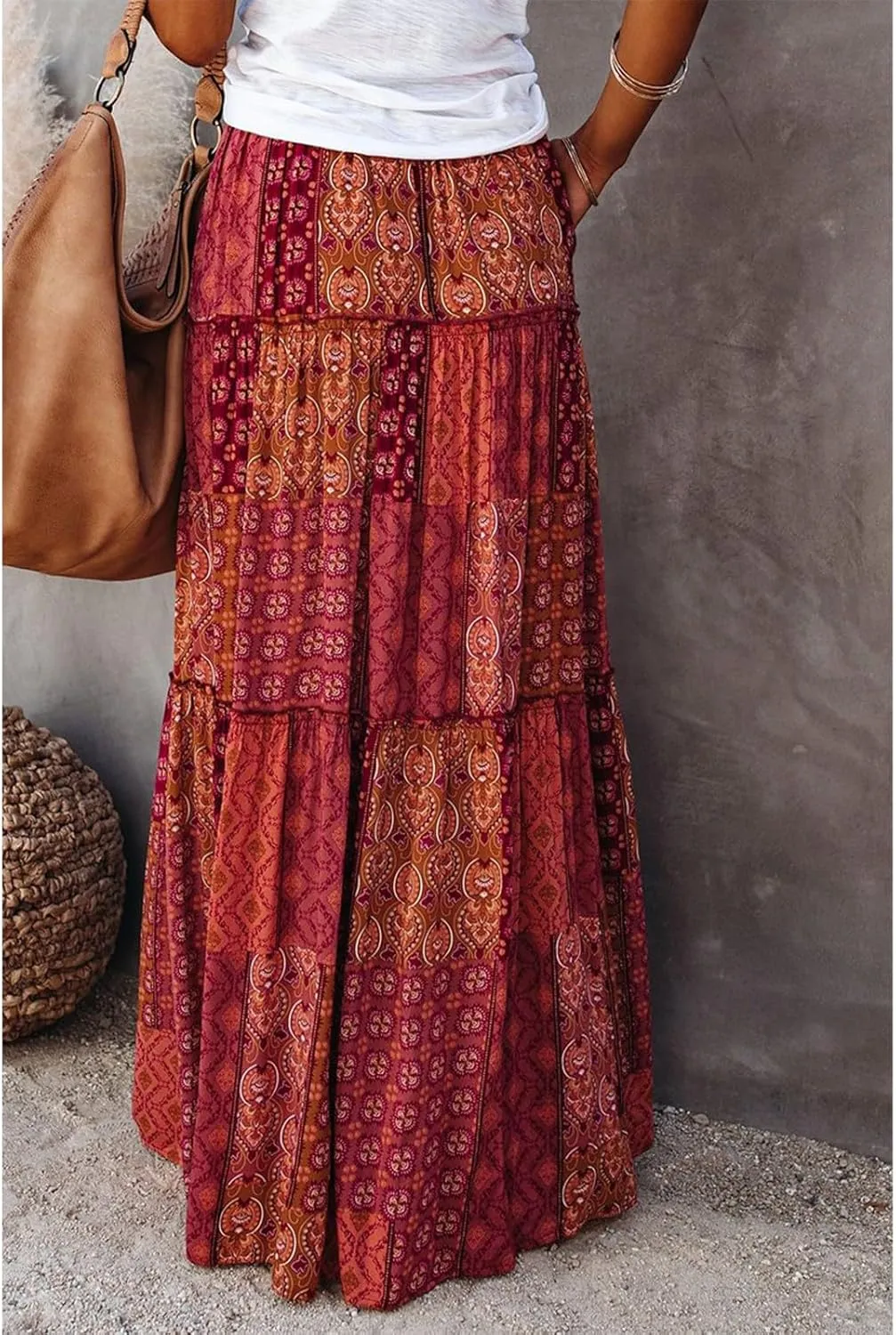 Boho Skirt for Women High Waist A Line Flowy Tiered Skirts Summer Floral Pleated Ruffle Long Maxi Skirt with Pockets