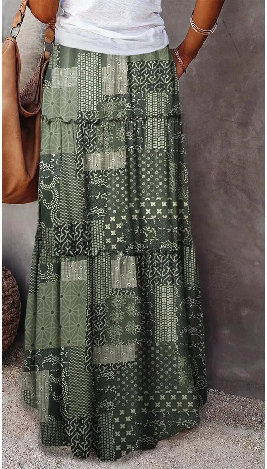 Boho Skirts for Women Pleated Ruffle Flowy Skirt Women's Summer Long Maxi Bohemian High Waist A Line Skirt with Pockets