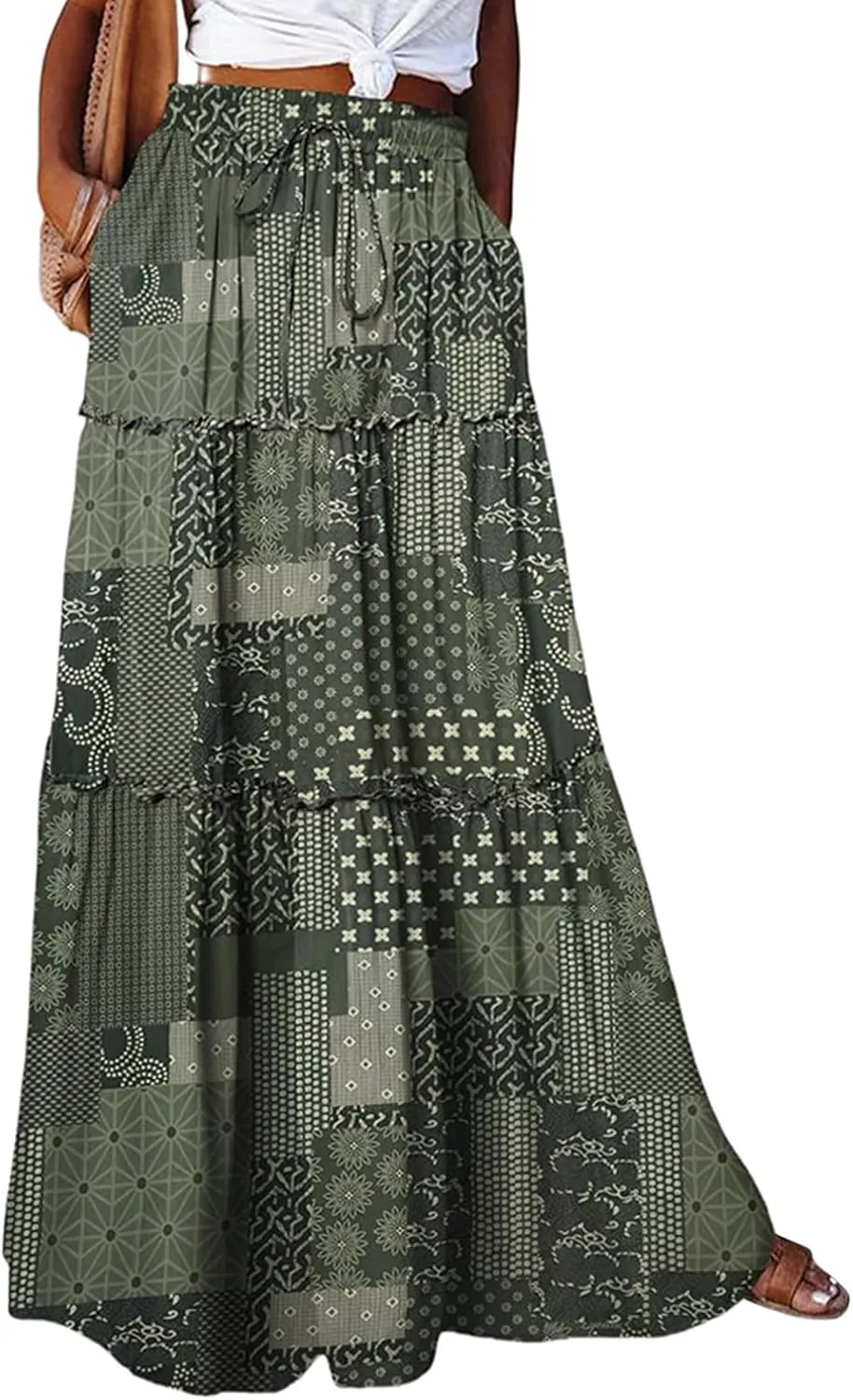 Boho Skirts for Women Pleated Ruffle Flowy Skirt Women's Summer Long Maxi Bohemian High Waist A Line Skirt with Pockets