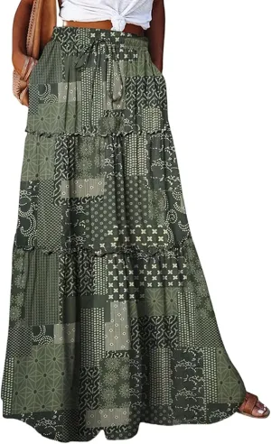 Boho Skirts for Women Pleated Ruffle Flowy Skirt Women's Summer Long Maxi Bohemian High Waist A Line Skirt with Pockets
