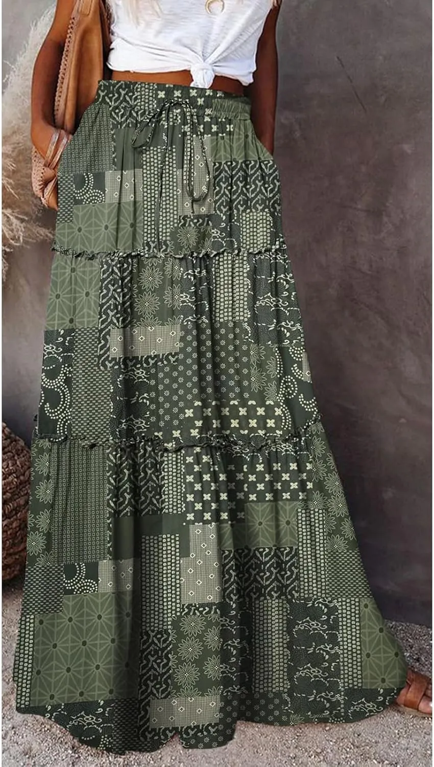 Boho Skirts for Women Pleated Ruffle Flowy Skirt Women's Summer Long Maxi Bohemian High Waist A Line Skirt with Pockets