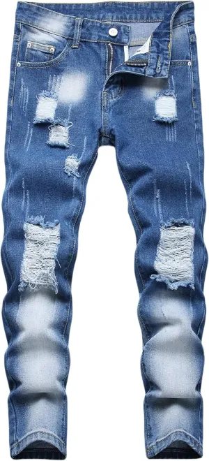 Boy's Skinny Fit Ripped Distressed Destroyed Fashion Washed Denim Jeans Pants