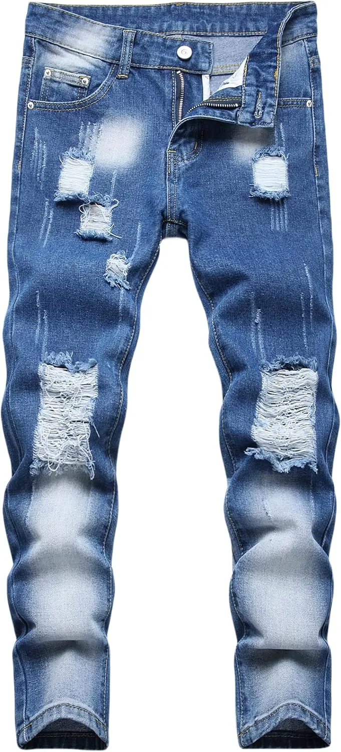 Boy's Skinny Fit Ripped Distressed Destroyed Fashion Washed Denim Jeans Pants