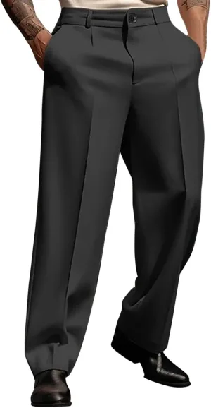 Business Casual Dress Pants for Men Wide Leg Loose Fit Pleated Chino Work Pants with Pockets Summer Beach