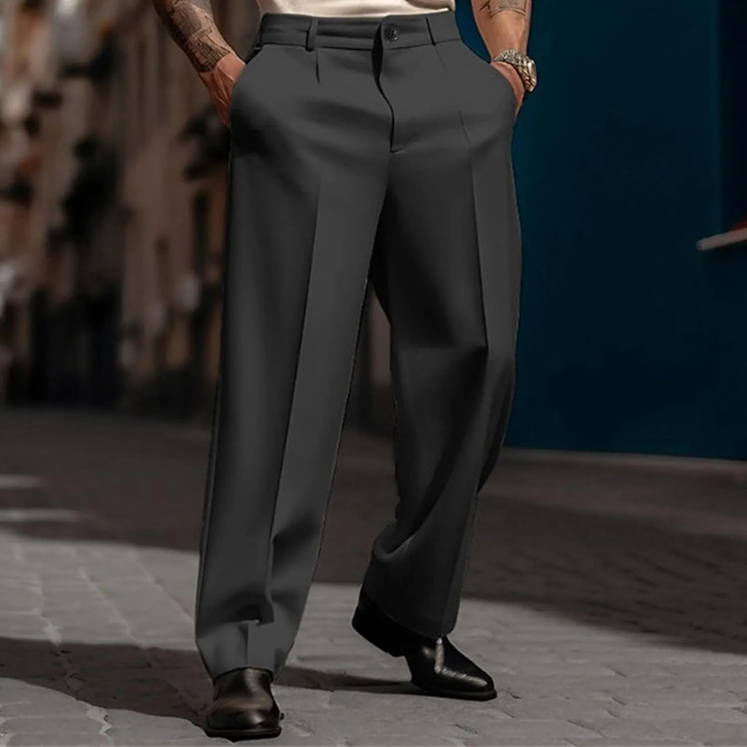 Business Casual Dress Pants for Men Wide Leg Loose Fit Pleated Chino Work Pants with Pockets Summer Beach
