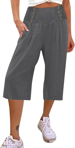 Capri Pants for Women Wide Leg Casual Summer Palazzo Pant Elastic High Waisted Flowy Lounge Beach Trouser with Pocket