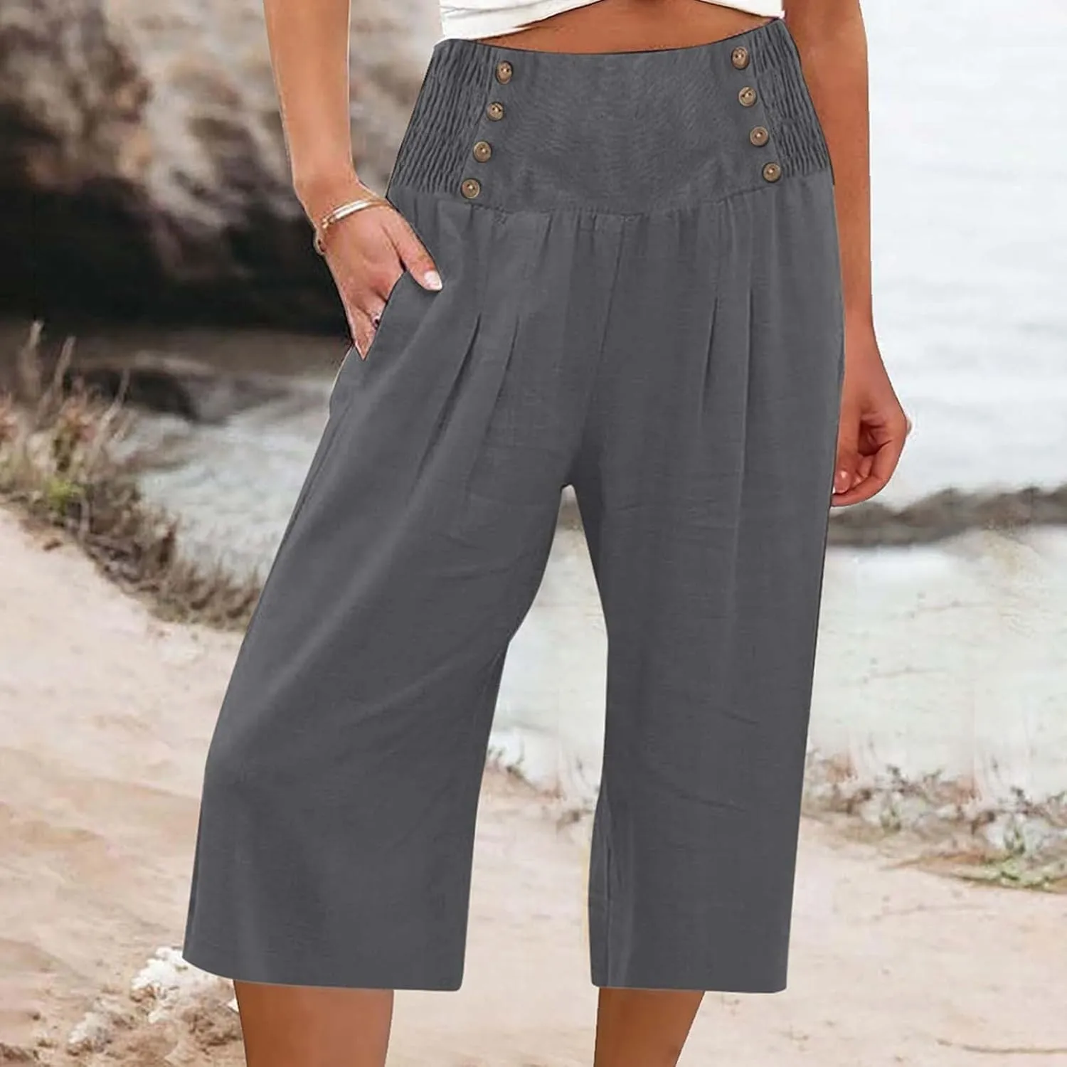 Capri Pants for Women Wide Leg Casual Summer Palazzo Pant Elastic High Waisted Flowy Lounge Beach Trouser with Pocket