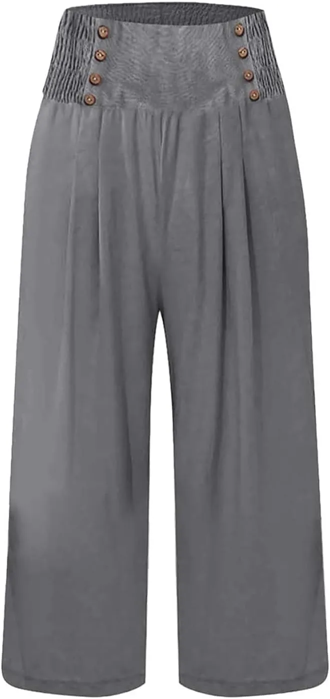Capri Pants for Women Wide Leg Casual Summer Palazzo Pant Elastic High Waisted Flowy Lounge Beach Trouser with Pocket