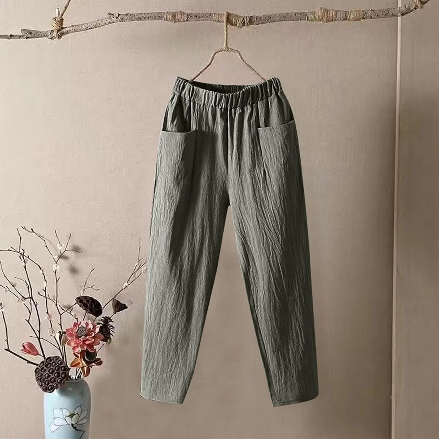 Capri Sweatpants for Women Straight Leg Loose Casual Pants Linen Peasant Lounge