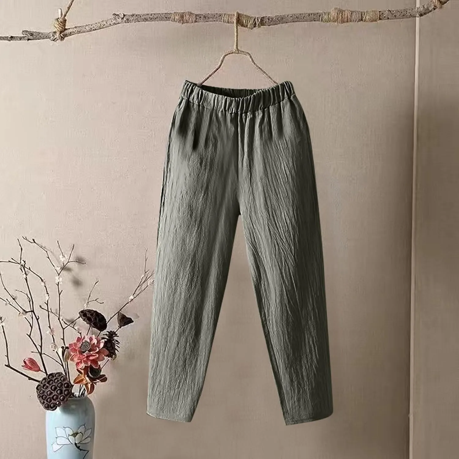 Capri Sweatpants for Women Straight Leg Loose Casual Pants Linen Peasant Lounge