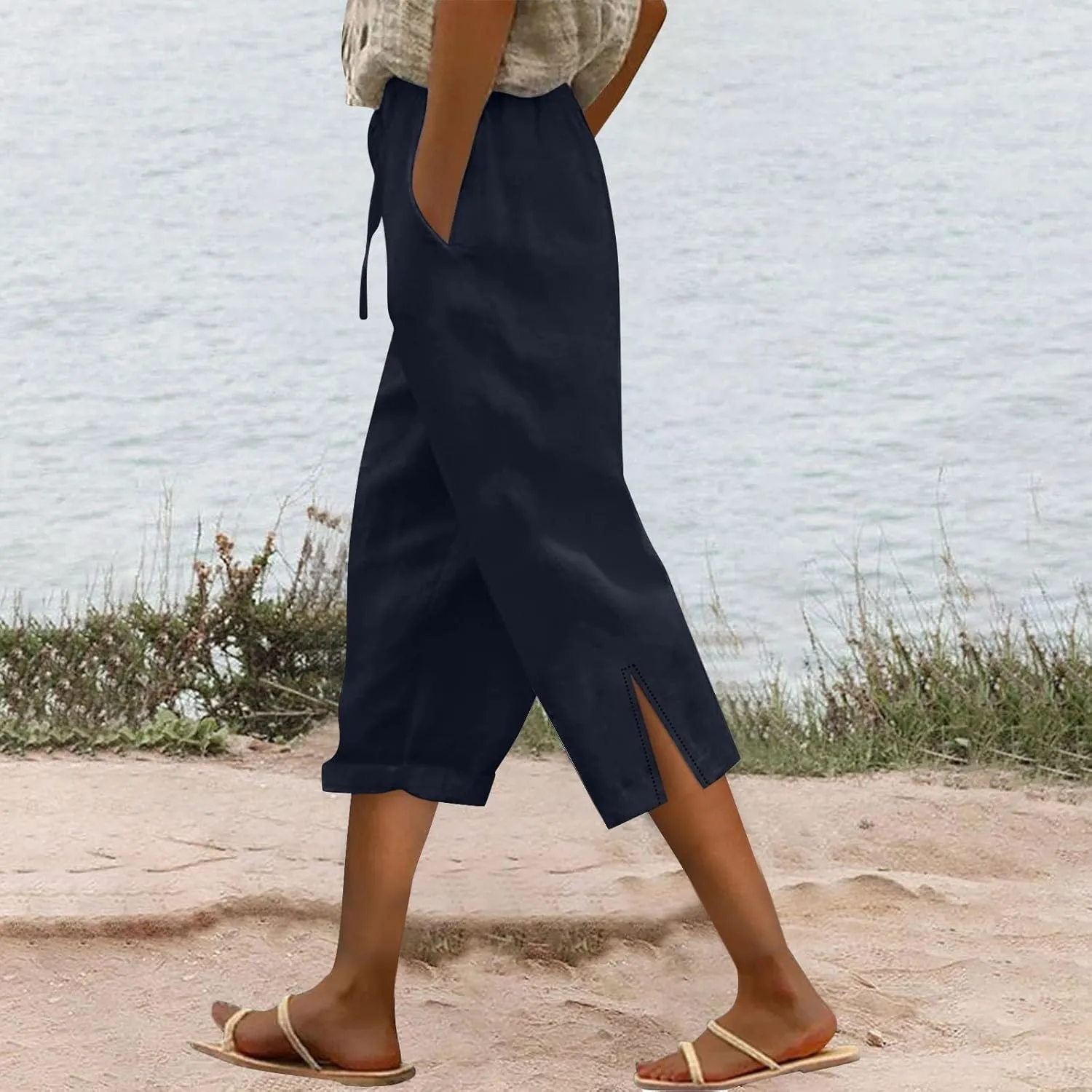 Capris Linen Pants for Women 2025 Summer High Waist Elastic Straight Leg Lounge Pant Lightweight Beach Trousers
