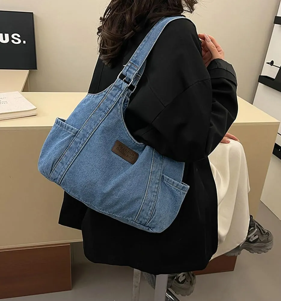 Casual Washed Denim Shoulder Bags for Women 2025 Trendy Hobo Bag Slouchy Purses and Handbags for Shopping Travel
