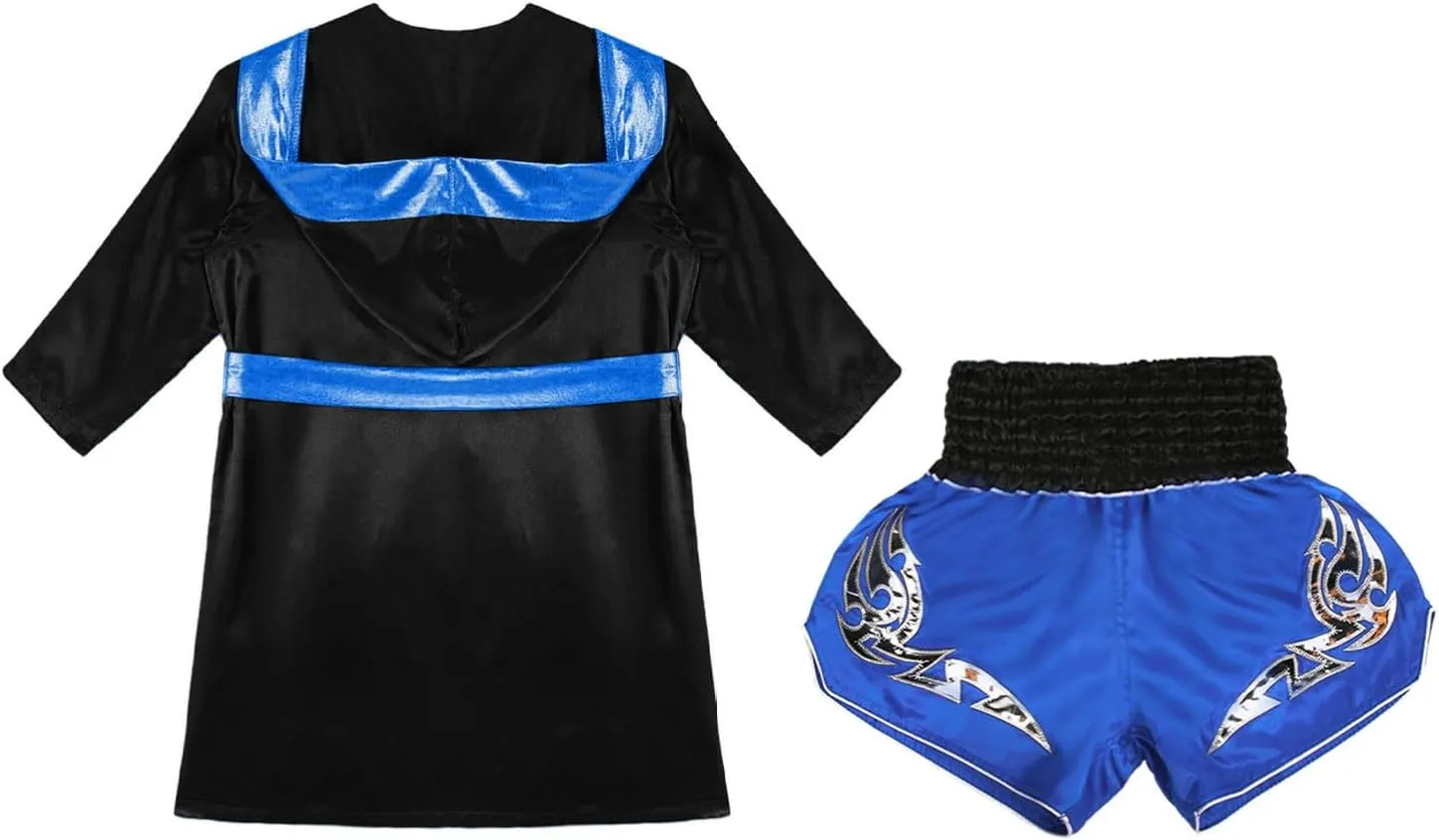 CHICTRY Kids Boys Kickboxing Boxing Costume Long Sleeve Metallic Trim Satin Belt Hooded Cloak with Shorts