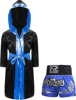 CHICTRY Kids Boys Kickboxing Boxing Costume Long Sleeve Metallic Trim Satin Belt Hooded Cloak with Shorts