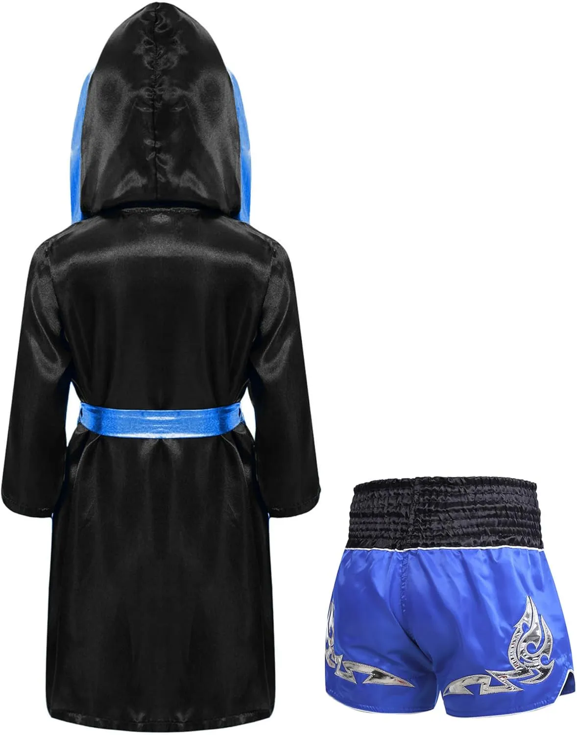 CHICTRY Kids Boys Kickboxing Boxing Costume Long Sleeve Metallic Trim Satin Belt Hooded Cloak with Shorts