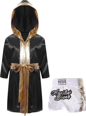Child Boxing Costume Boys Satin Long Hooded Cloak with Shorts Set for Kickboxing MMA Training