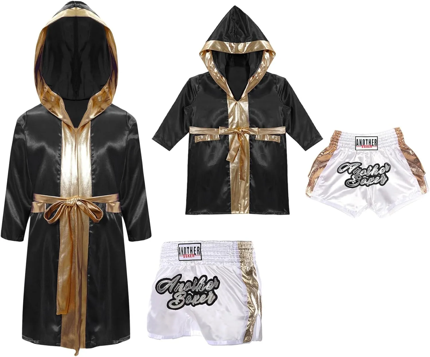 Child Boxing Costume Boys Satin Long Hooded Cloak with Shorts Set for Kickboxing MMA Training