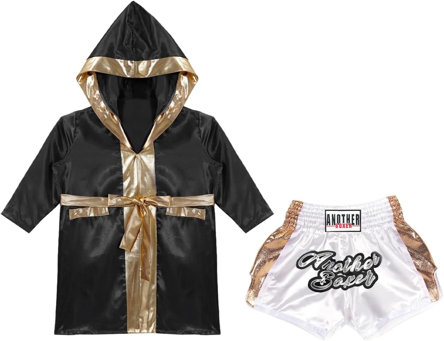 Child Boxing Costume Boys Satin Long Hooded Cloak with Shorts Set for Kickboxing MMA Training
