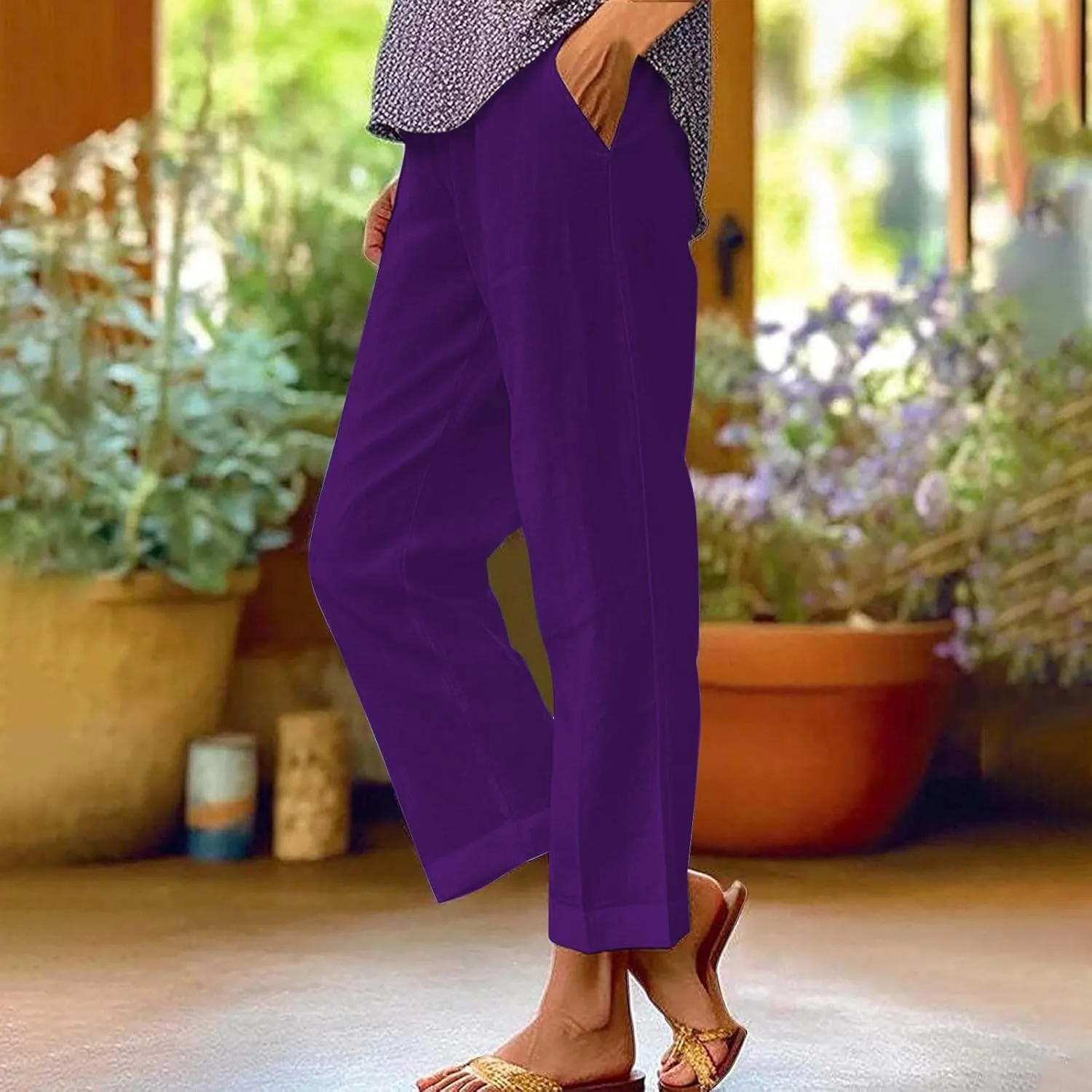 Cotton Linen Pants for Women Summer Boho Plus Size Elastic Waist Casual Loose Beach Straight Leg Trouser with Pockets
