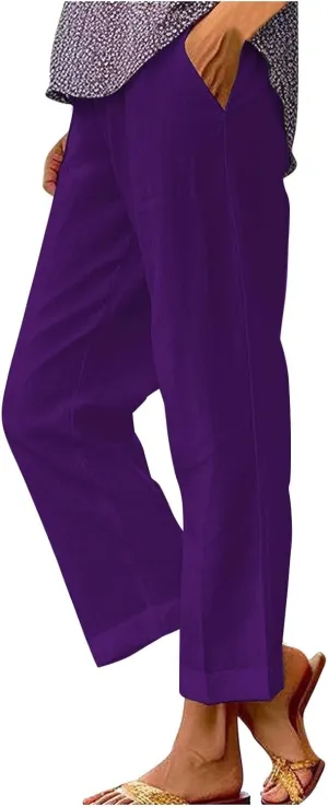Cotton Linen Pants for Women Summer Boho Plus Size Elastic Waist Casual Loose Beach Straight Leg Trouser with Pockets