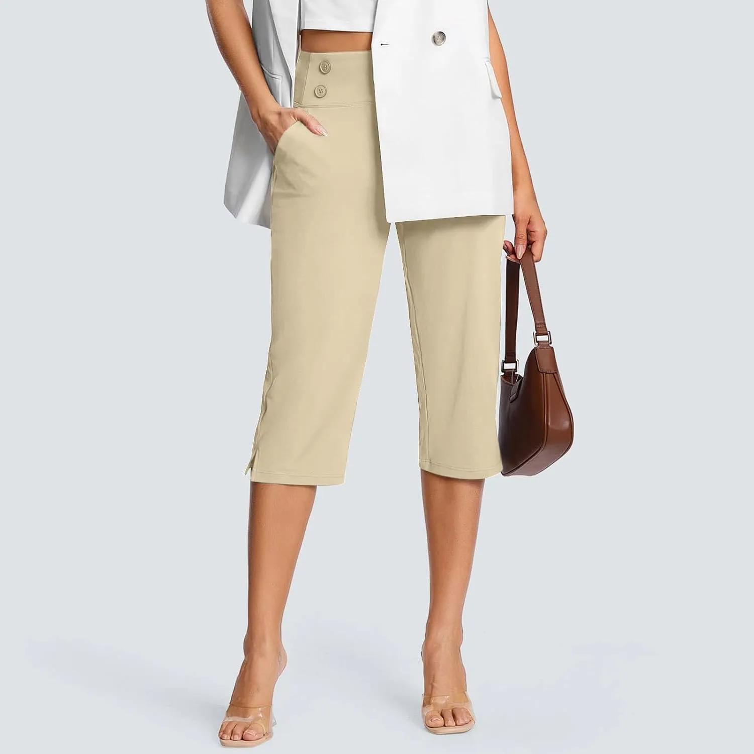Cropped Leggings for Women Tummy Control Stretch Capri Pants Casual Athletic Pants Summer Yoga Pant with Pockets