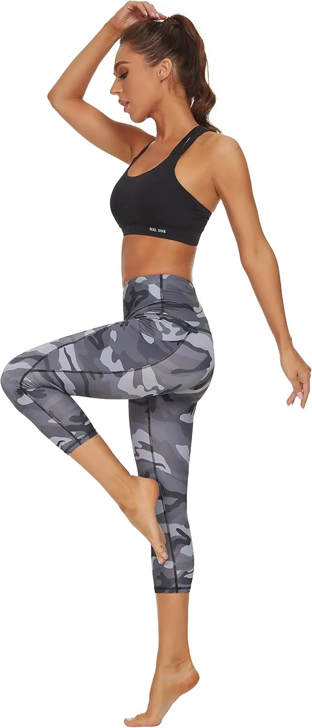 Custer's Night Women's High Waisted Yoga Capris with Pockets Tummy Control Workout Sports Running Capri Leggings