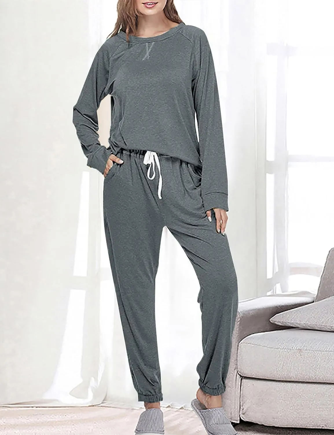 Cysincos Womens Sweatsuits 2 Piece Outfit Sweatpants Loungewear Jogger Pajama Set Long Sleeve Pullover Drawstring Pants