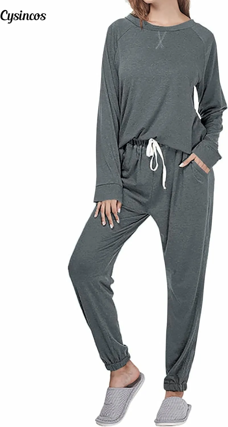 Cysincos Womens Sweatsuits 2 Piece Outfit Sweatpants Loungewear Jogger Pajama Set Long Sleeve Pullover Drawstring Pants