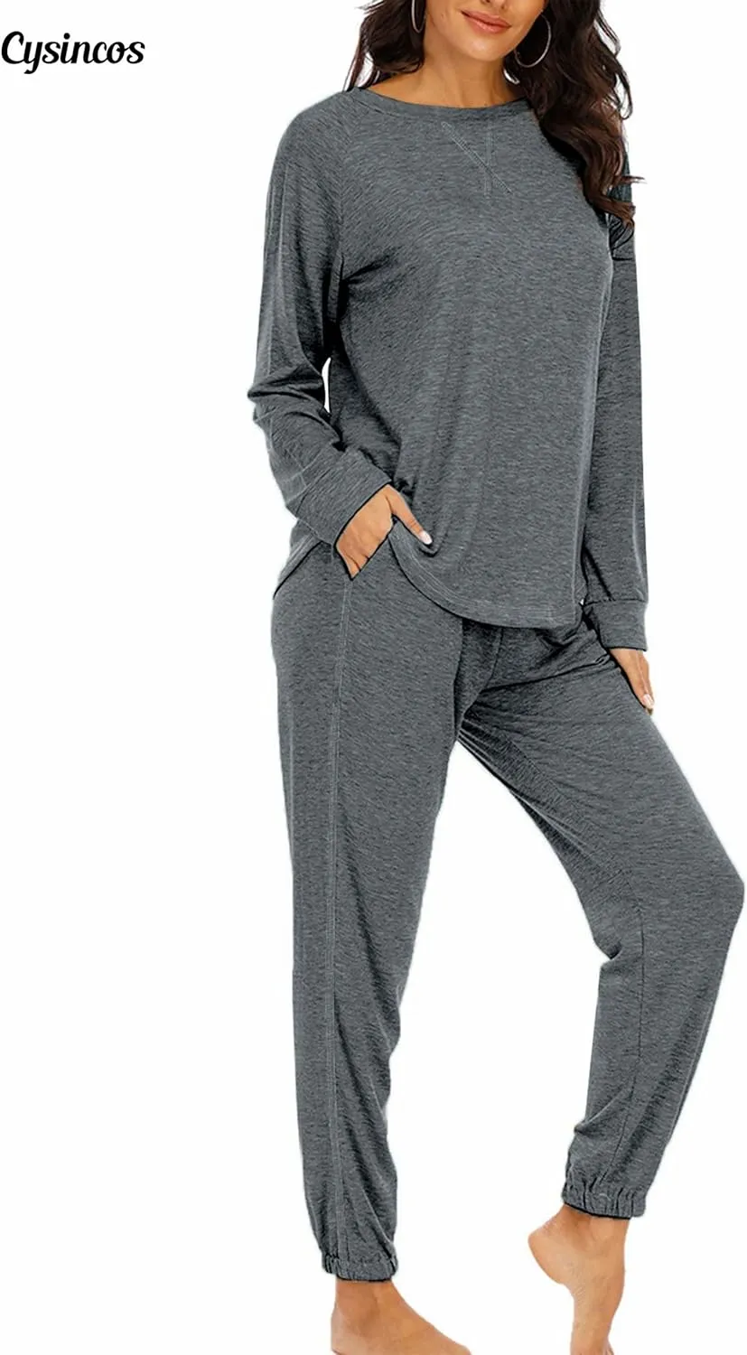 Cysincos Womens Sweatsuits 2 Piece Outfit Sweatpants Loungewear Jogger Pajama Set Long Sleeve Pullover Drawstring Pants
