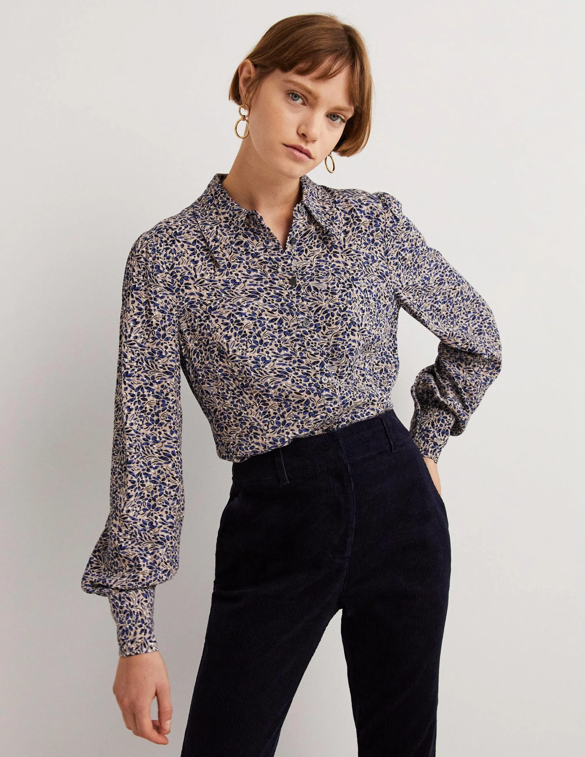 Dart Detail Fitted Shirt-Persian Blue, Leaf Cluster