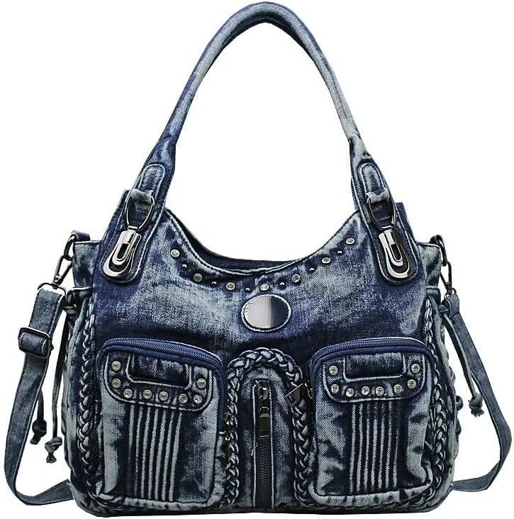 Denim Hobo Bag for Women Jeans Purse Large Capacity Handbags Vintage Shoulder Bags Casual Tote Bag Crossbody Bag (Dark blue)