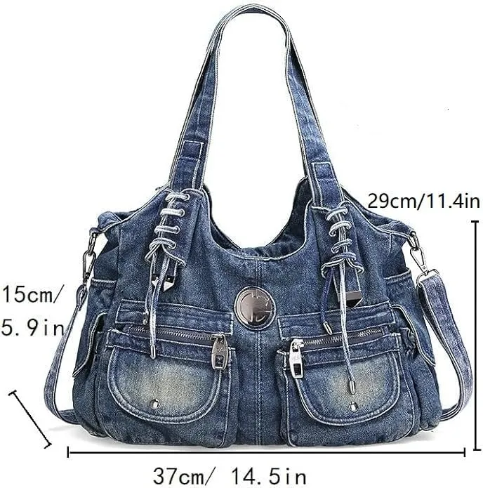 Denim Hobo Bag for Women Jeans Purse Large Capacity Handbags Vintage Shoulder Bags Casual Tote Bag Crossbody Bag (Dark blue)