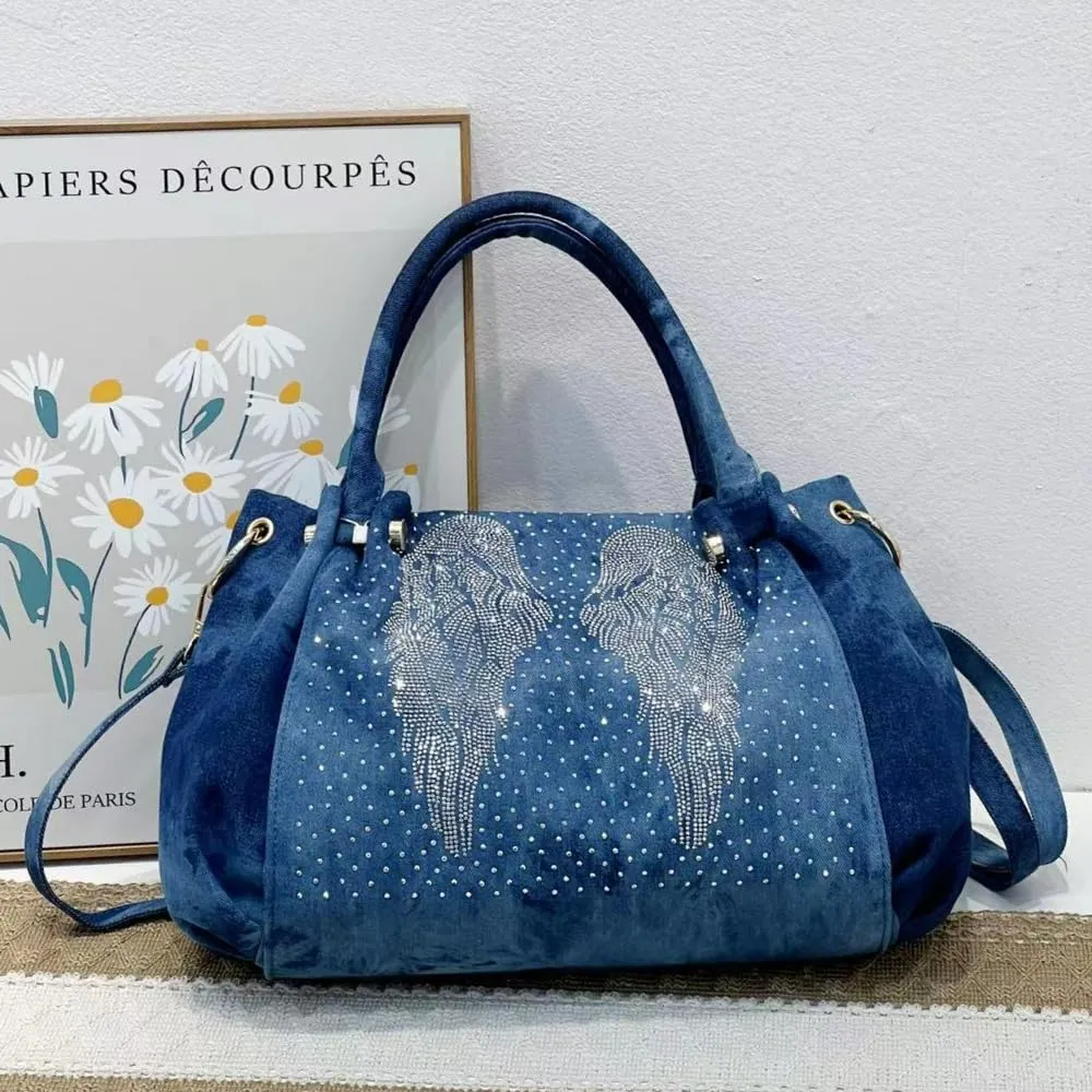 Denim Hobo Bag Jeans Women Bag with Diamond Wing Large Capacity Casual Shoulder Bag Tote Bag
