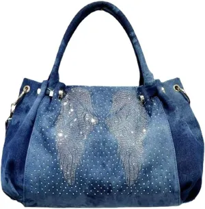 Denim Hobo Bag Jeans Women Bag with Diamond Wing Large Capacity Casual Shoulder Bag Tote Bag