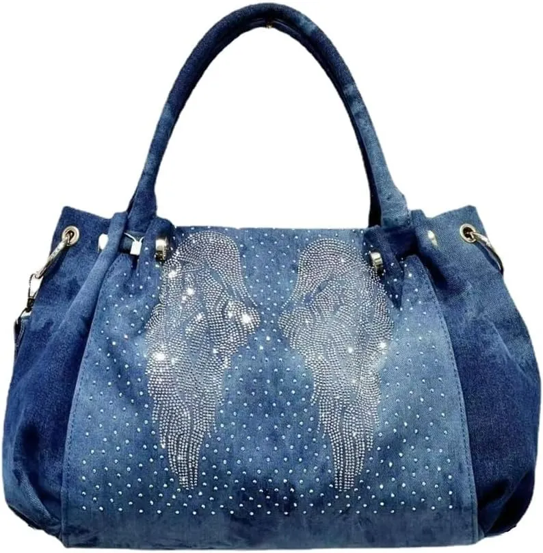 Denim Hobo Bag Jeans Women Bag with Diamond Wing Large Capacity Casual Shoulder Bag Tote Bag