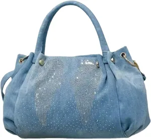 Denim Hobo Bag Jeans Women Bag with Diamond Wing Large Capacity Casual Shoulder Bag Tote Bag