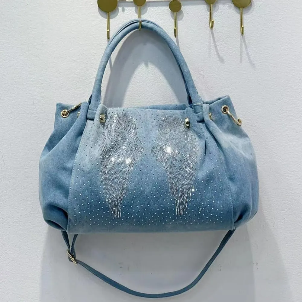 Denim Hobo Bag Jeans Women Bag with Diamond Wing Large Capacity Casual Shoulder Bag Tote Bag