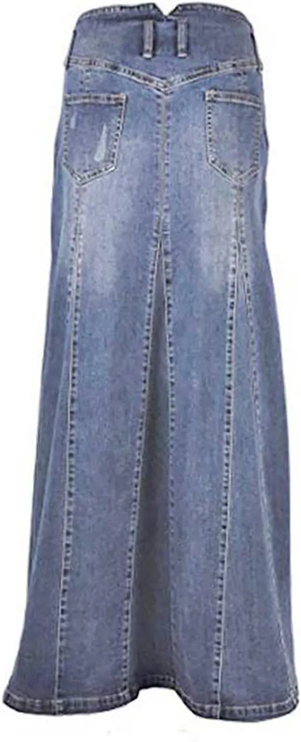 Denim Skirts for Women High Waisted Vintage Button Front A-Line Maxi Length Skirt with Raw Hem and Stretch Fabric