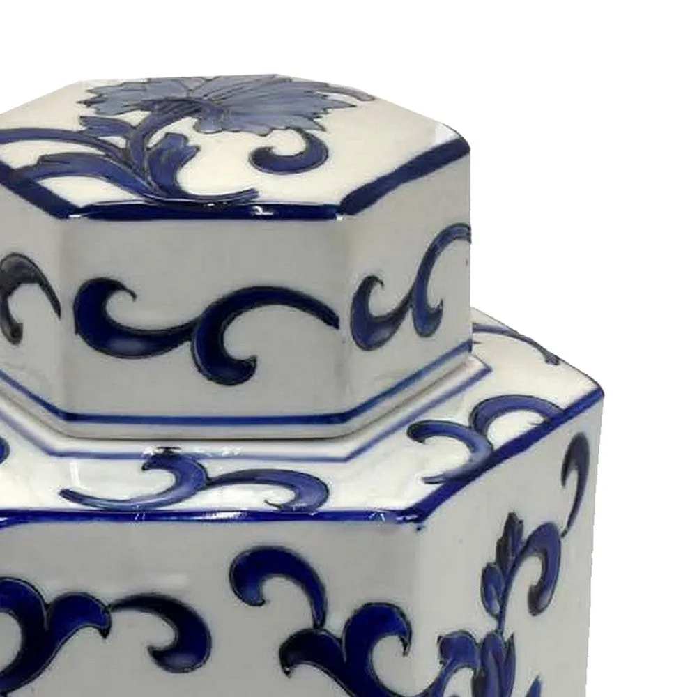Deno 13 Inch Decorative Jar with Lid, Ceramic, Floral Design, Blue, White By Casagear Home