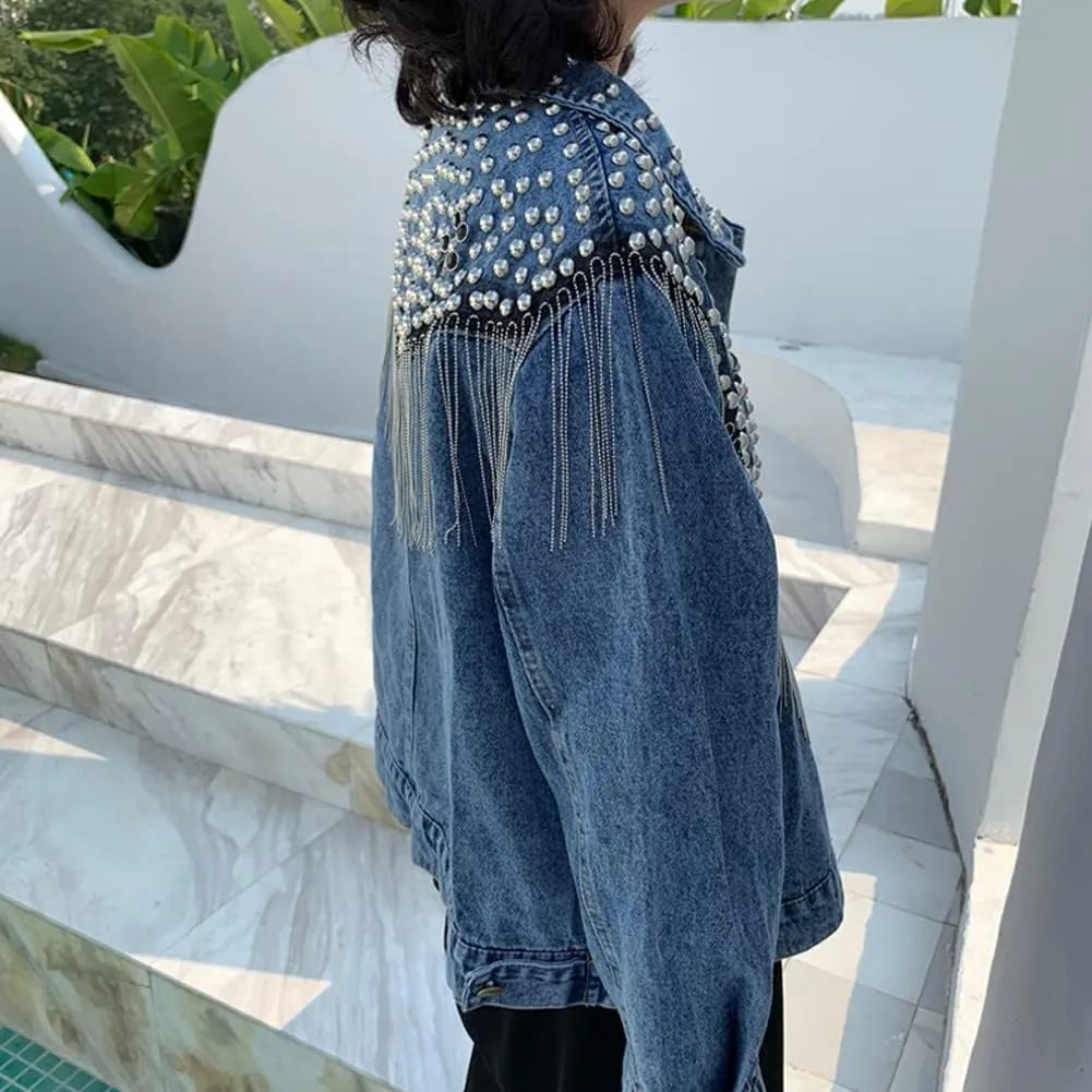 diffstyle Womens Long Sleeve Open Front Embroidered Crystal Washed Denim Jacket Short Jean Coat