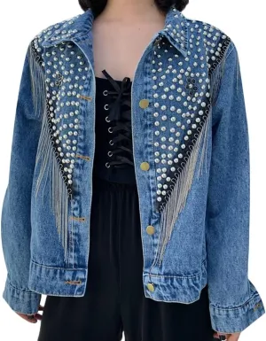 diffstyle Womens Long Sleeve Open Front Embroidered Crystal Washed Denim Jacket Short Jean Coat