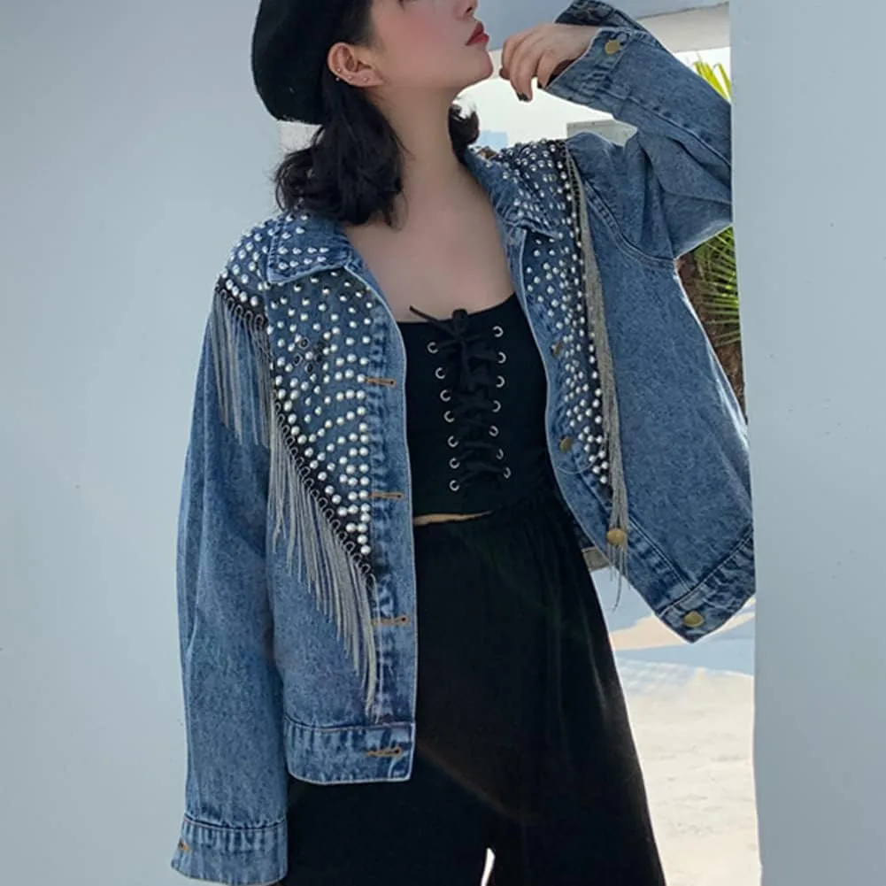 diffstyle Womens Long Sleeve Open Front Embroidered Crystal Washed Denim Jacket Short Jean Coat