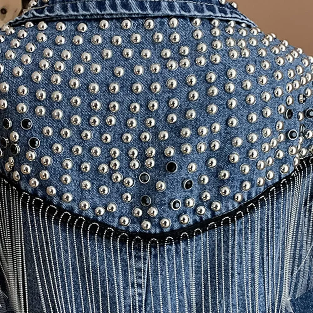 diffstyle Womens Long Sleeve Open Front Embroidered Crystal Washed Denim Jacket Short Jean Coat