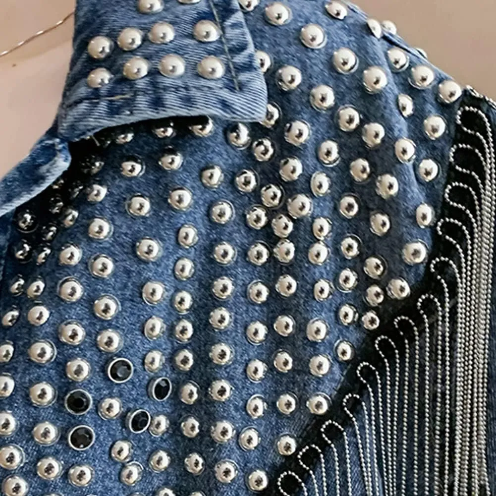 diffstyle Womens Long Sleeve Open Front Embroidered Crystal Washed Denim Jacket Short Jean Coat