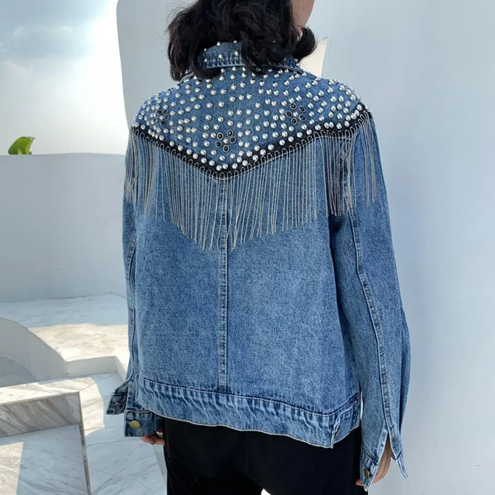 diffstyle Womens Long Sleeve Open Front Embroidered Crystal Washed Denim Jacket Short Jean Coat